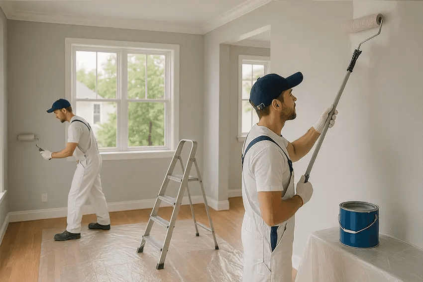 Interior wall being prepared and painted during a renovation